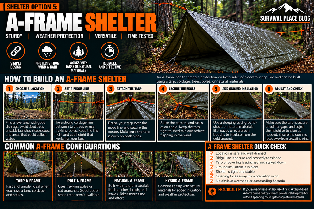 A-frame shelter construction showing site selection, ridge line setup, tarp attachment, secured edges, ground insulation, and common A-frame configurations