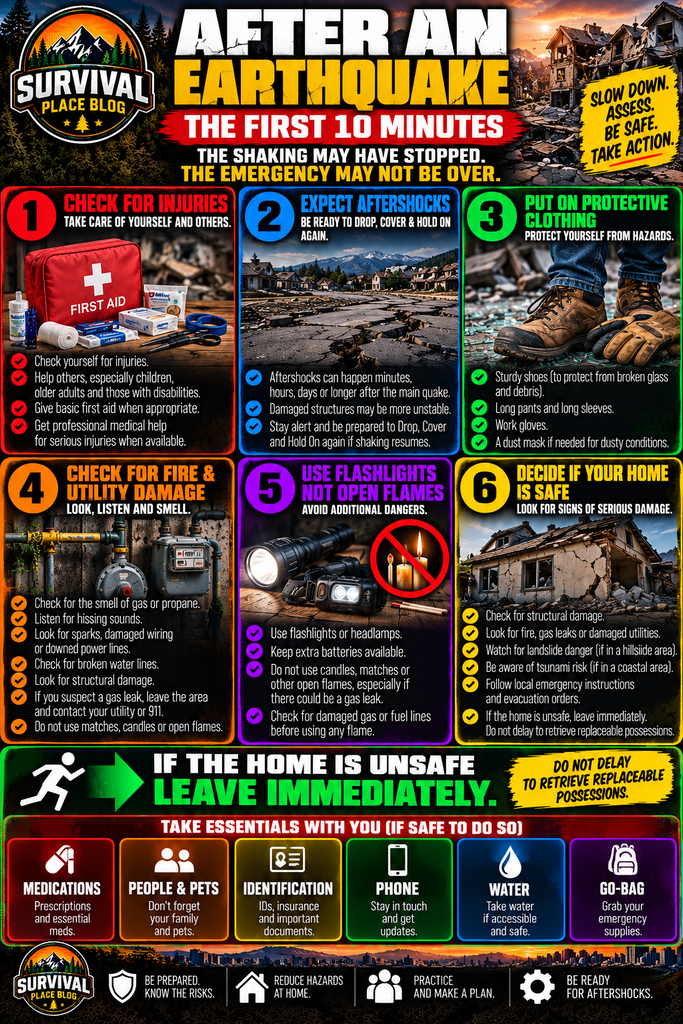 After an earthquake infographic showing six immediate safety steps: check for injuries, expect aftershocks, put on protective clothing, check for fire and utility damage, use flashlights instead of open flames, and determine whether the home is safe, with evacuation essentials including medications, pets, identification, phone, water and a go-bag.
