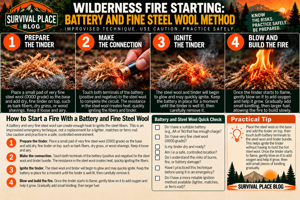 Survival Place Blog infographic showing the battery and fine steel wool fire-starting method, including tinder preparation, creating heat with a battery and fine steel wool, transferring the ignition to tinder, and gradually building the fire, with safety reminders.
