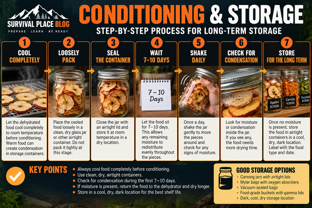 Dehydrated fruit conditioning and storage process showing cooling, loose packing, sealing, 7 to 10 days of conditioning, daily shaking, condensation checks, and long-term storage