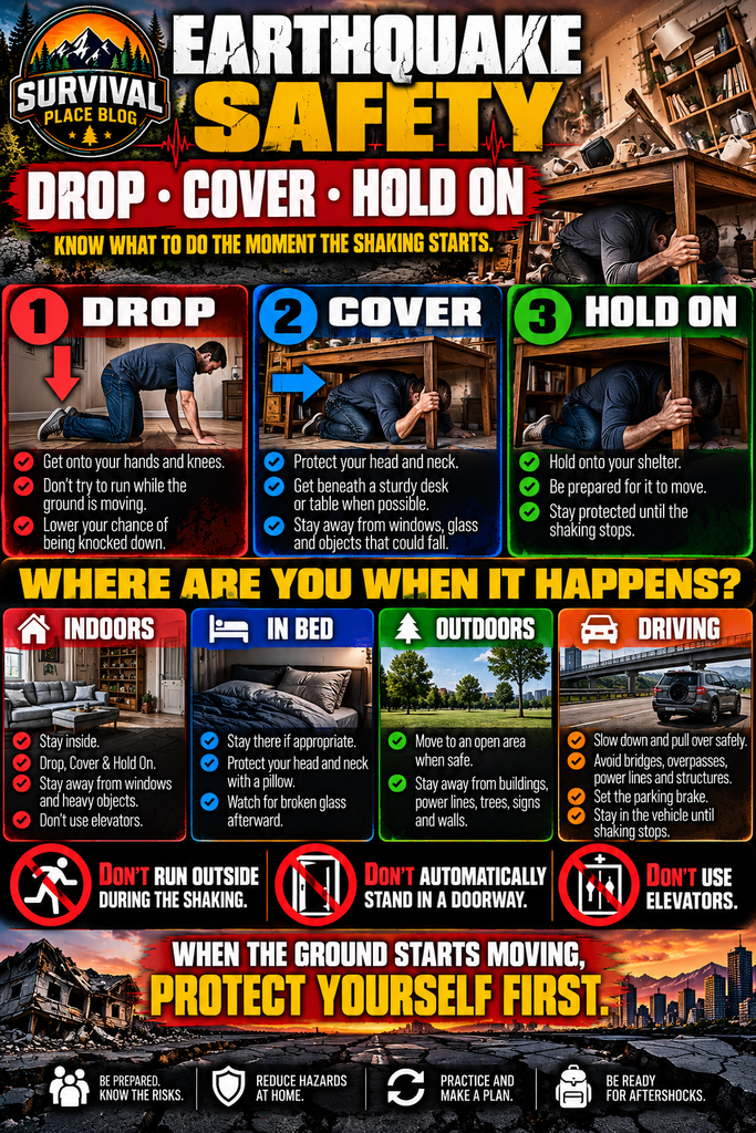 Earthquake safety infographic explaining Drop, Cover, and Hold On, with instructions for what to do during an earthquake when indoors, in bed, outdoors, or driving, plus warnings not to run outside, stand in a doorway, or use elevators during shaking.