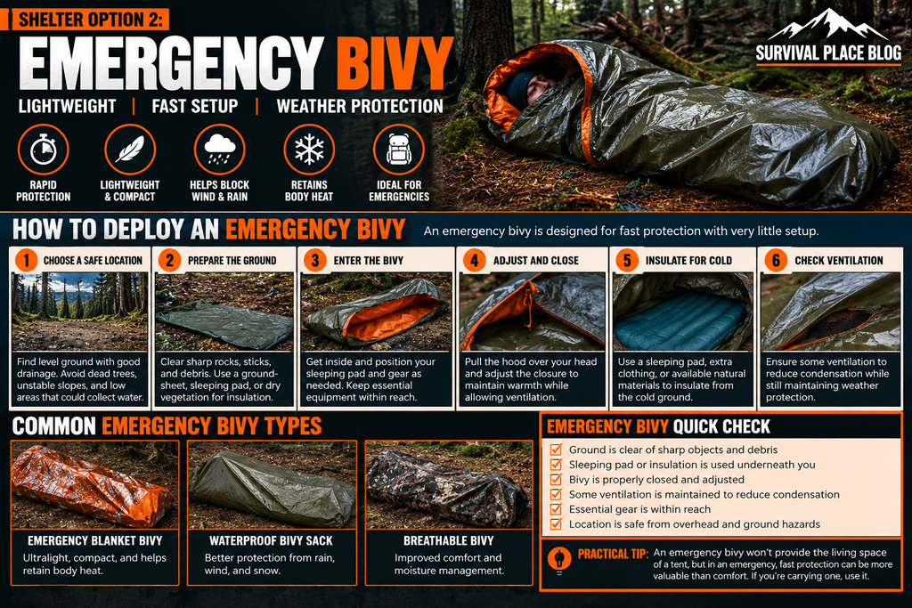 Emergency bivy shelter setup showing safe site selection, ground insulation, bivy deployment, weather protection, ventilation, and common bivy types