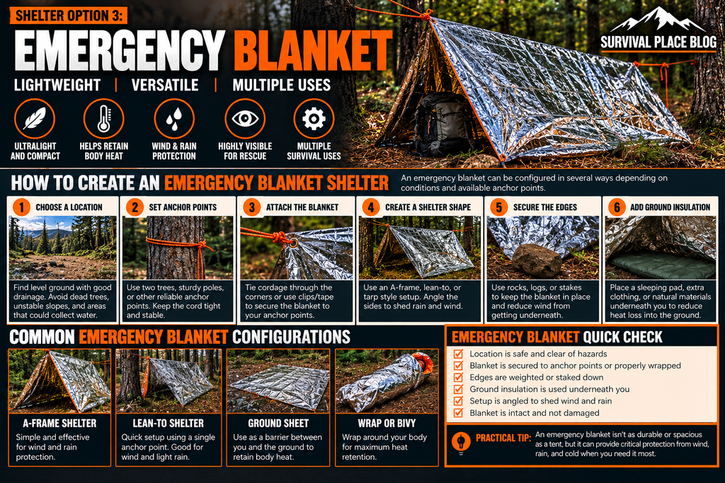 Emergency blanket shelter showing anchor points, A-frame and lean-to setups, ground insulation, and wrap or bivy configurations