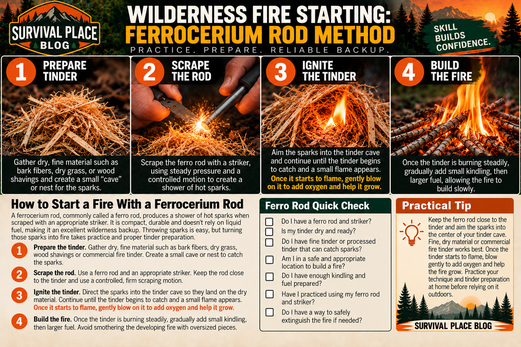 Wilderness fire starting infographic showing four steps for using ferrocerium rod method: prepare dry tinder, position the lighter, ignite the tinder, and gradually build the fire with kindling and larger fuel.