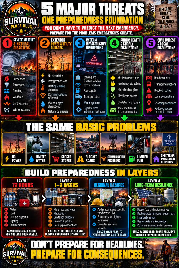 Survival preparedness infographic showing five major threats—natural disasters, extended utility outages, cyber and infrastructure disruptions, public health and supply disruptions, and civil unrest or local emergencies—and the common problems they can cause, with four preparedness layers from 72 hours to long-term resilience.