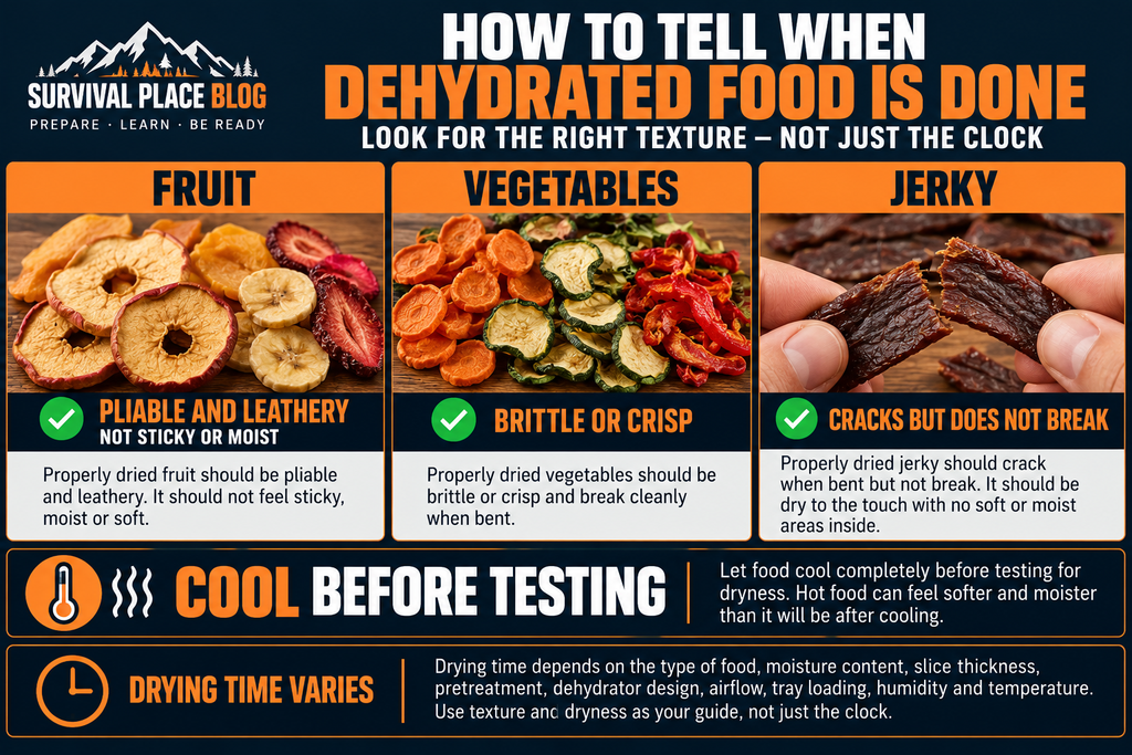 Step-by-step fruit dehydration process showing washing, preparation, uniform slicing, pretreatment, tray arrangement, drying, cooling, and testing for dryness