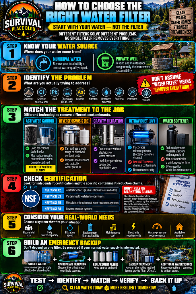 Water filter selection infographic showing six steps: identify the water source, determine contaminants or water-quality problems, match the appropriate filtration or treatment method, check independent certification, consider household capacity and maintenance needs, and build an emergency backup with stored water, replacement filters and alternate treatment methods.