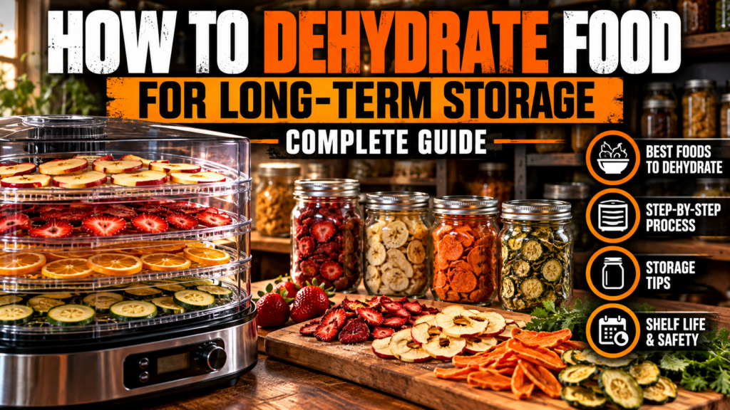 Food dehydrator with dried fruits and vegetables prepared for long-term food storage