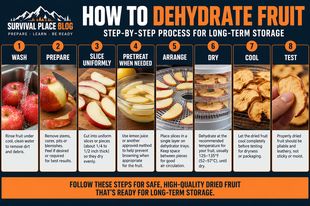 Step-by-step fruit dehydration process showing washing, preparation, uniform slicing, pretreatment, tray arrangement, drying, cooling, and testing for dryness