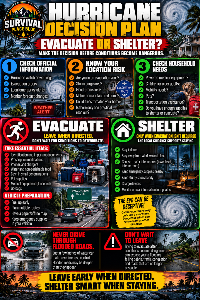 Hurricane decision plan infographic explaining how to decide whether to evacuate or shelter in place based on official alerts, evacuation zones, location risks and household needs, with evacuation essentials, vehicle preparation, shelter safety, hurricane eye and flooded-road warnings.