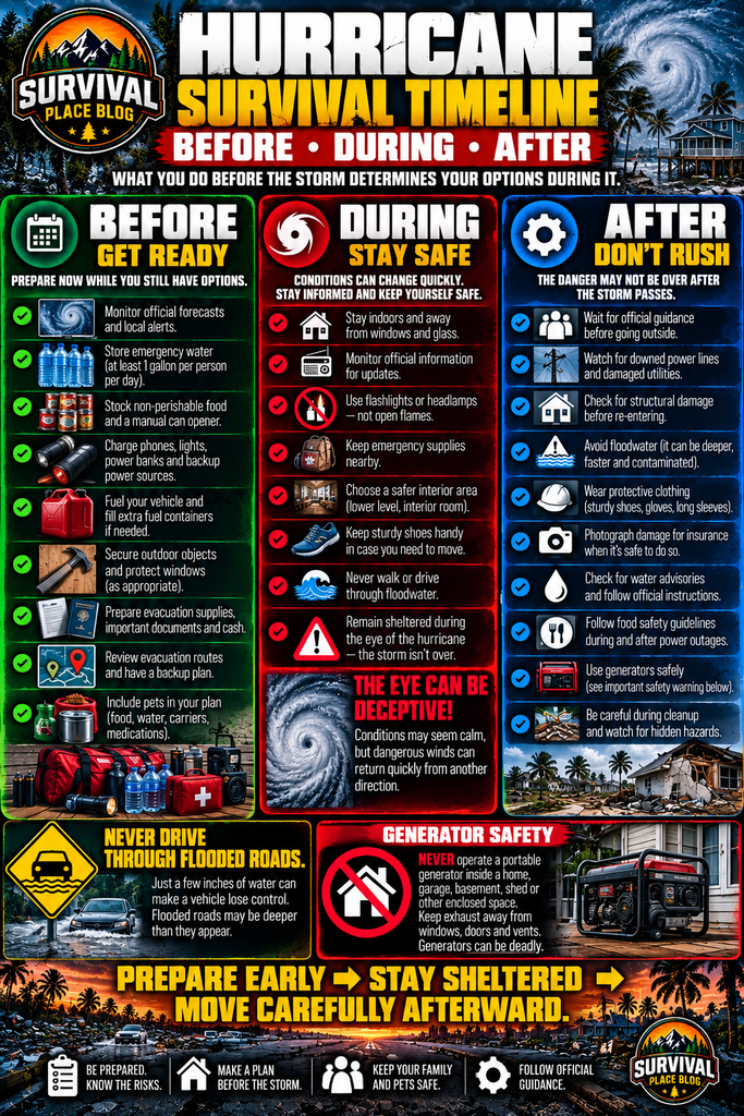 Hurricane survival timeline infographic showing preparedness steps before, during and after a hurricane, including emergency water and supplies, evacuation planning, shelter safety, flooded-road warnings, post-storm hazards, water and food safety, and safe generator use.