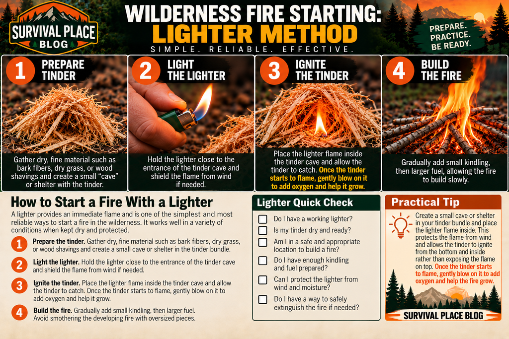 Wilderness fire starting infographic showing four steps for using a lighter: prepare dry tinder, position the lighter, ignite the tinder, and gradually build the fire with kindling and larger fuel.
