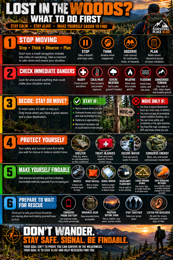 Lost in the woods survival infographic showing six steps for rescue: stop and assess, check immediate dangers, decide whether to stay or move, protect yourself, signal for help, and prepare to wait for rescuers.
