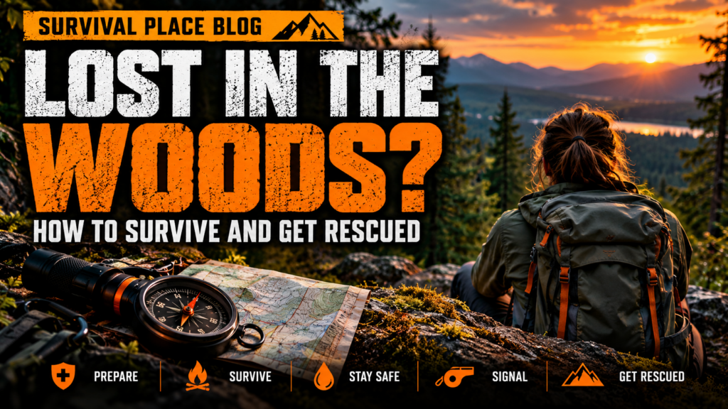 Lost in the woods survival and rescue guide showing a hiker with a backpack, map, compass and flashlight in the wilderness.
