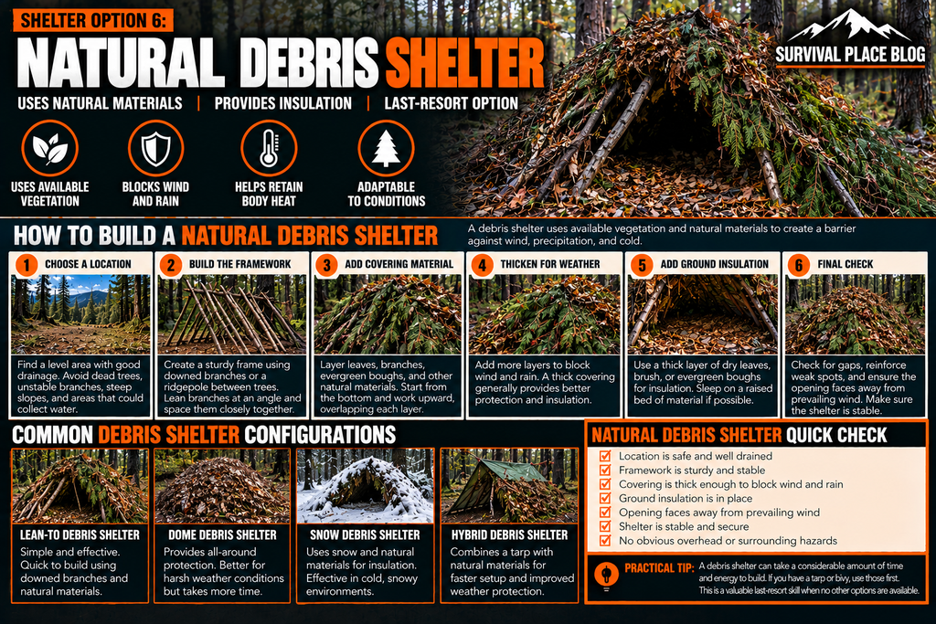 Natural debris shelter construction showing site selection, framework, layered branches and leaves, weather protection, ground insulation, and safety checks