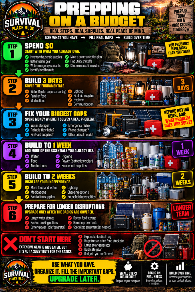 Prepping on a budget infographic showing a six-step preparedness plan: spend zero dollars by organizing existing supplies, build three days of basics, fill critical gaps, expand to one week, build toward two weeks, and prepare for longer disruptions while avoiding unnecessary expensive survival gear.