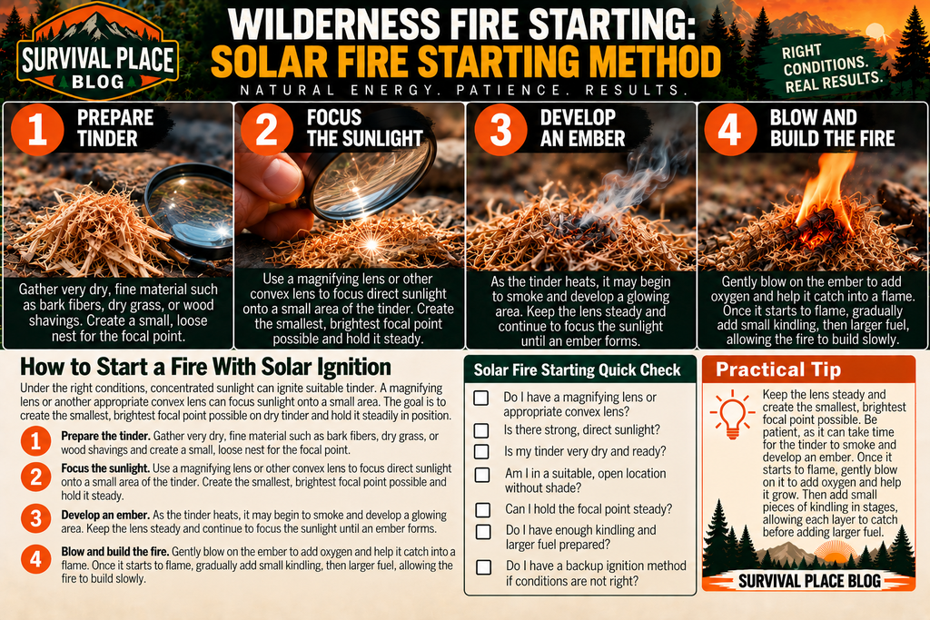 Survival Place Blog infographic showing four steps for solar fire starting: prepare very dry tinder, focus direct sunlight through a magnifying or convex lens, develop a glowing ember, then gently blow on the ember and gradually add kindling and larger fuel.

