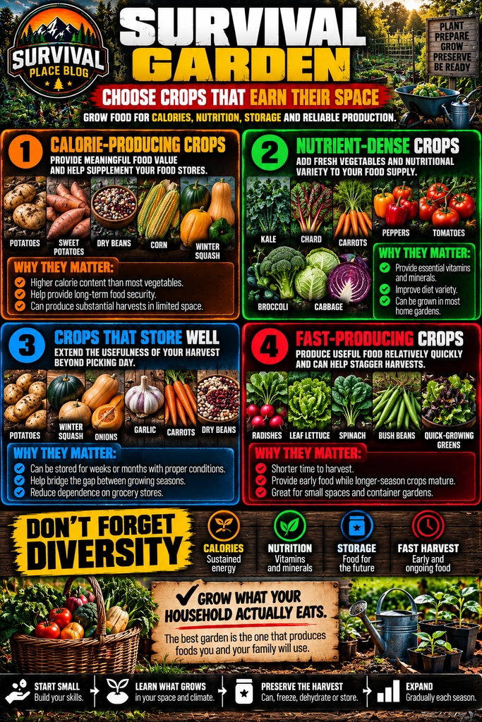 Survival garden infographic showing four crop categories for emergency food preparedness: calorie-producing crops, nutrient-dense vegetables, crops that store well and fast-producing crops, with examples including potatoes, beans, corn, squash, carrots, tomatoes, onions, garlic and leafy greens.