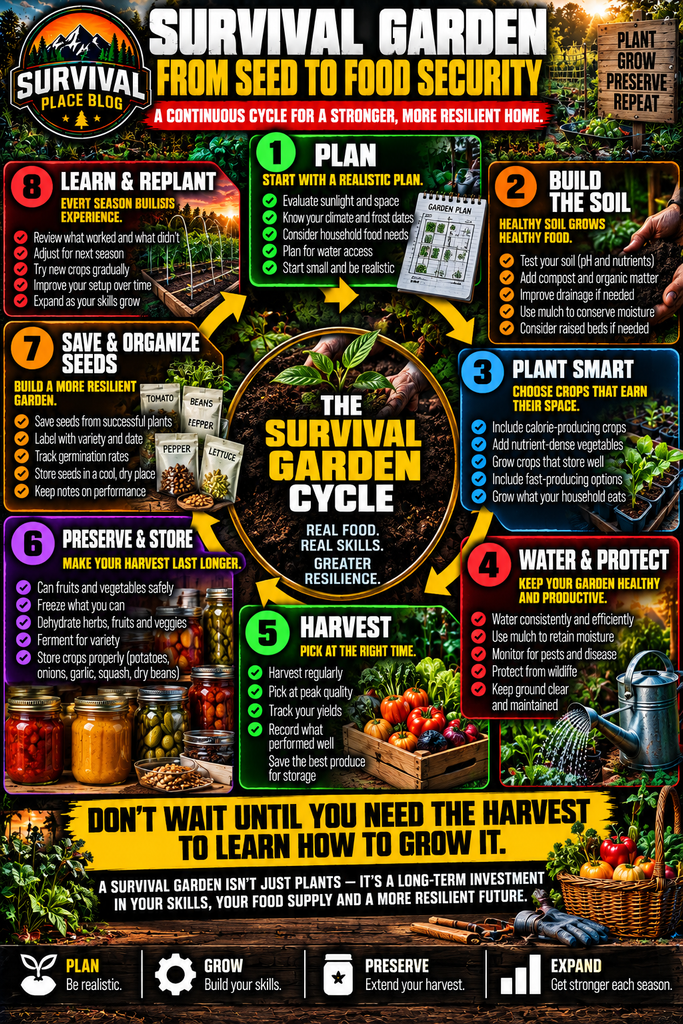 Survival garden cycle infographic showing eight steps from seed to food security: planning, building healthy soil, planting productive crops, watering and protecting the garden, harvesting, preserving and storing food, saving and organizing seeds, and learning and replanting each season.
