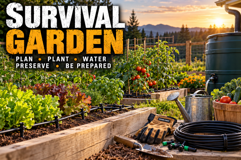 Survival garden with raised beds, vegetables, drip irrigation and rainwater collection
