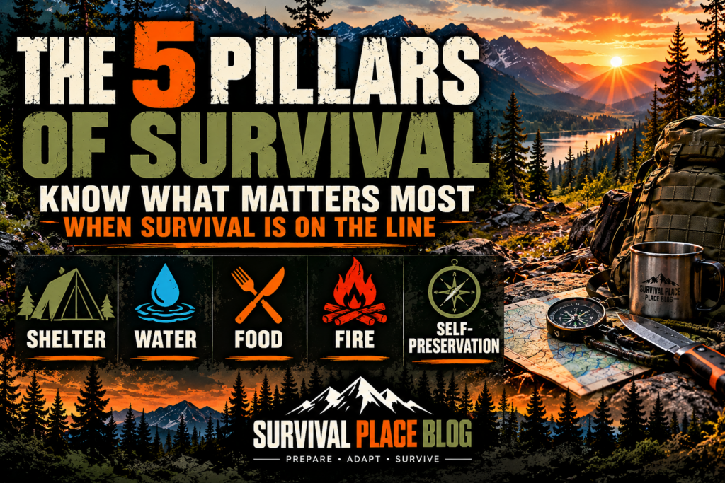 The 5 pillars of survival showing shelter, water, food, fire and self-preservation with essential wilderness survival gear in a mountain setting.