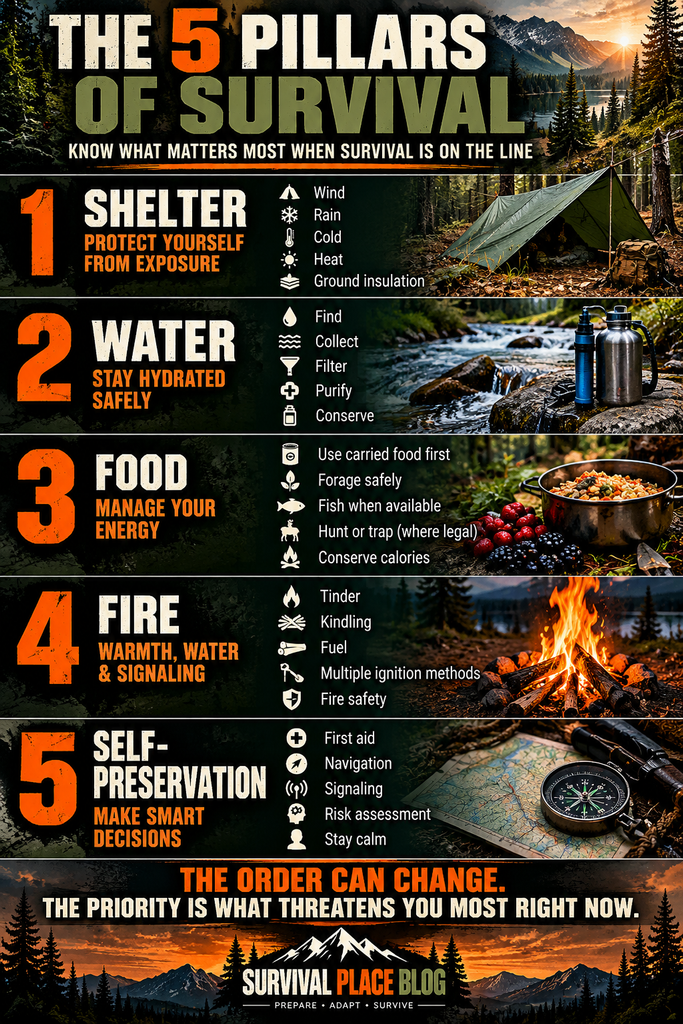The 5 pillars of survival infographic covering shelter, water, food, fire and self-preservation with key wilderness survival priorities.
