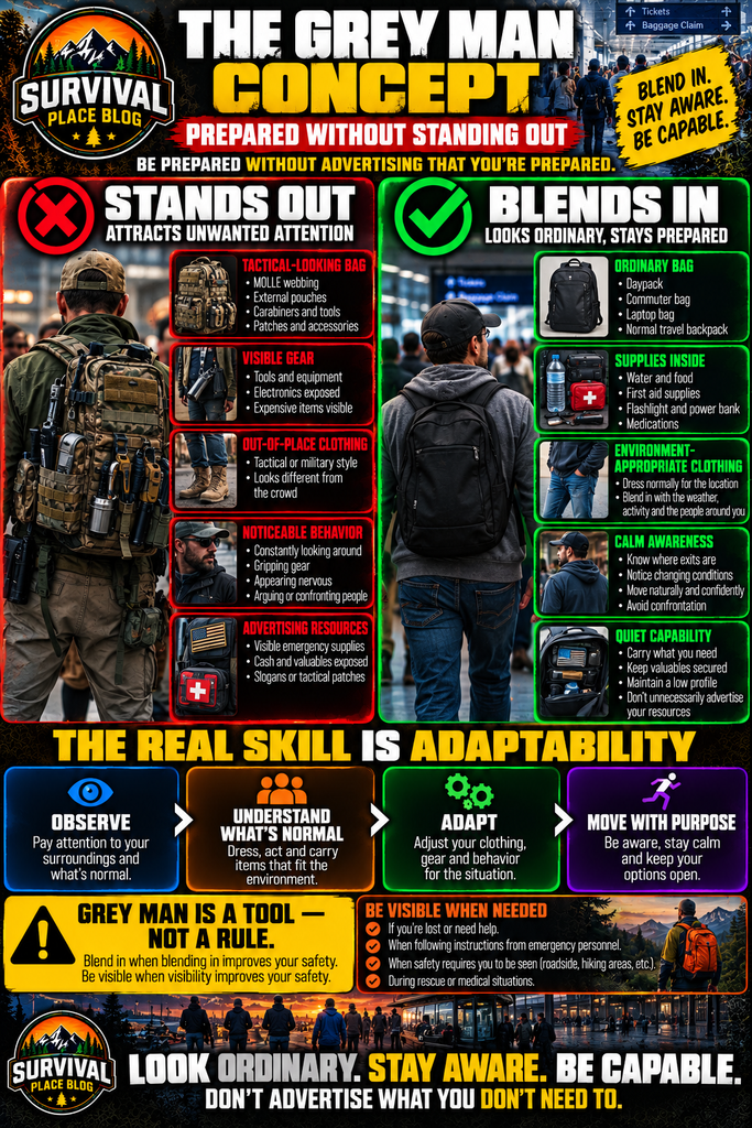 Grey Man concept infographic comparing attention-grabbing tactical clothing, visible gear and noticeable behavior with ordinary clothing, discreet emergency supplies, calm awareness and low-profile preparedness, emphasizing adaptability and knowing when blending in or being visible improves safety.