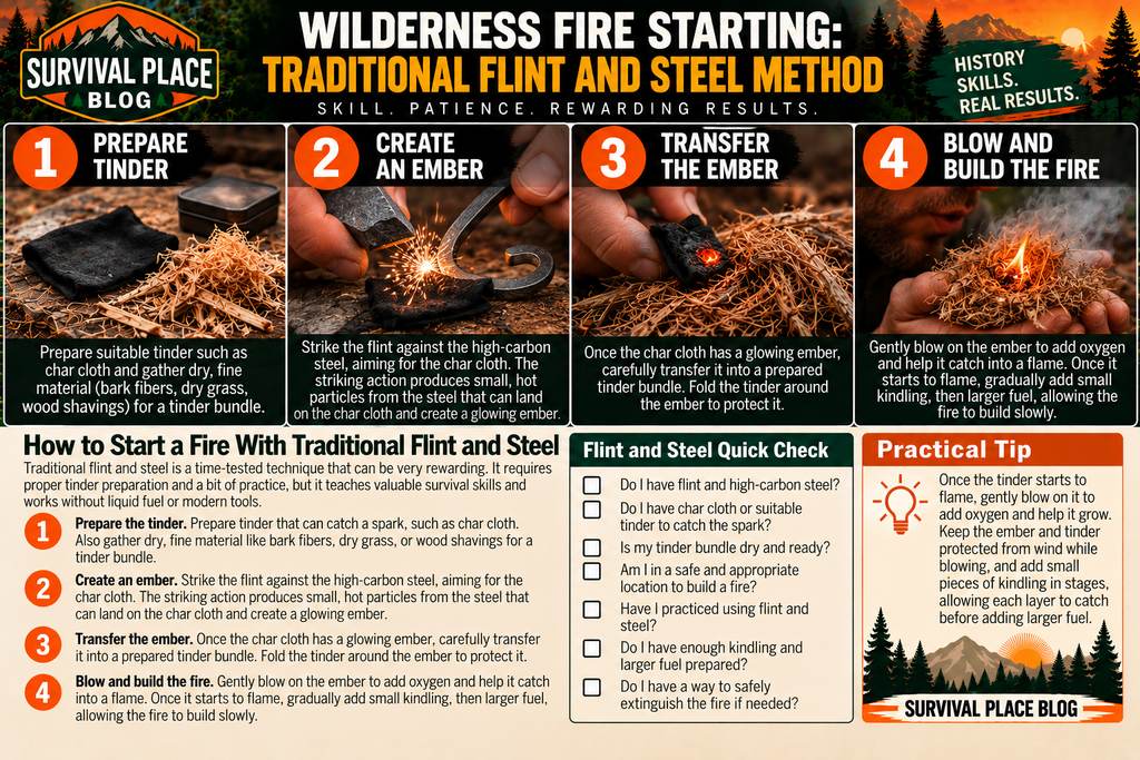 Survival Place Blog infographic showing four steps for starting a wilderness fire with traditional flint and steel: prepare char cloth and dry tinder, strike flint against high-carbon steel to create a glowing ember, transfer the ember into a tinder bundle, then gently blow on it and gradually build the fire.