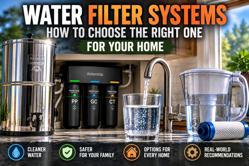 Water filter systems for home drinking water including gravity, under-sink and pitcher filtration