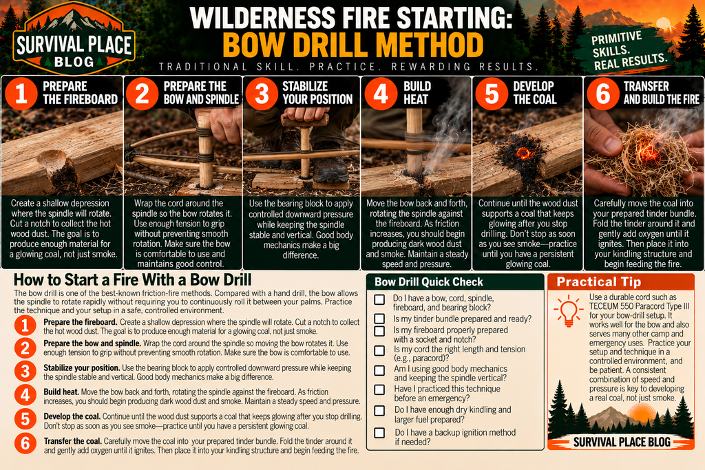 Survival Place Blog infographic showing six steps for starting a wilderness fire with a bow drill: prepare the fireboard, prepare the bow and spindle, stabilize your position, build heat through friction, develop a persistent glowing coal, and transfer the coal to tinder to build the fire.