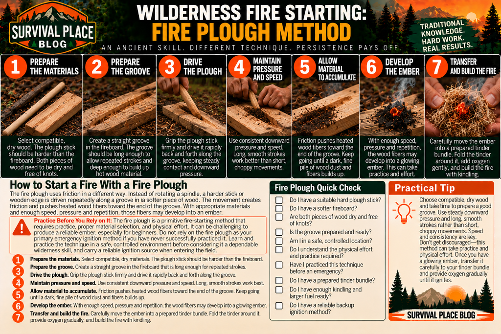 Survival Place Blog infographic showing seven steps for starting a wilderness fire with a fire plough: select compatible dry wood, prepare a groove in the fireboard, drive the plough along the groove, maintain pressure and speed, allow hot wood material to accumulate, develop a glowing ember, and transfer the ember to tinder to build the fire.