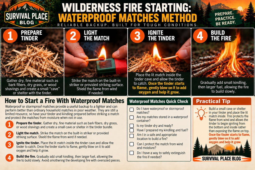 Wilderness fire starting infographic showing four steps for using waterproof matches: prepare dry tinder, position the lighter, ignite the tinder, and gradually build the fire with kindling and larger fuel.