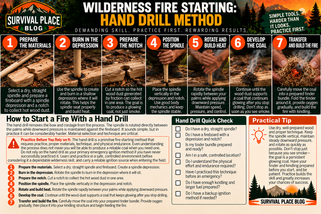 Survival Place Blog infographic showing seven steps for starting a wilderness fire with a hand drill: prepare the spindle and fireboard, burn in the depression, prepare the notch, position the spindle, rotate it between the palms to build heat, develop a glowing coal, and transfer the coal to tinder to build the fire.