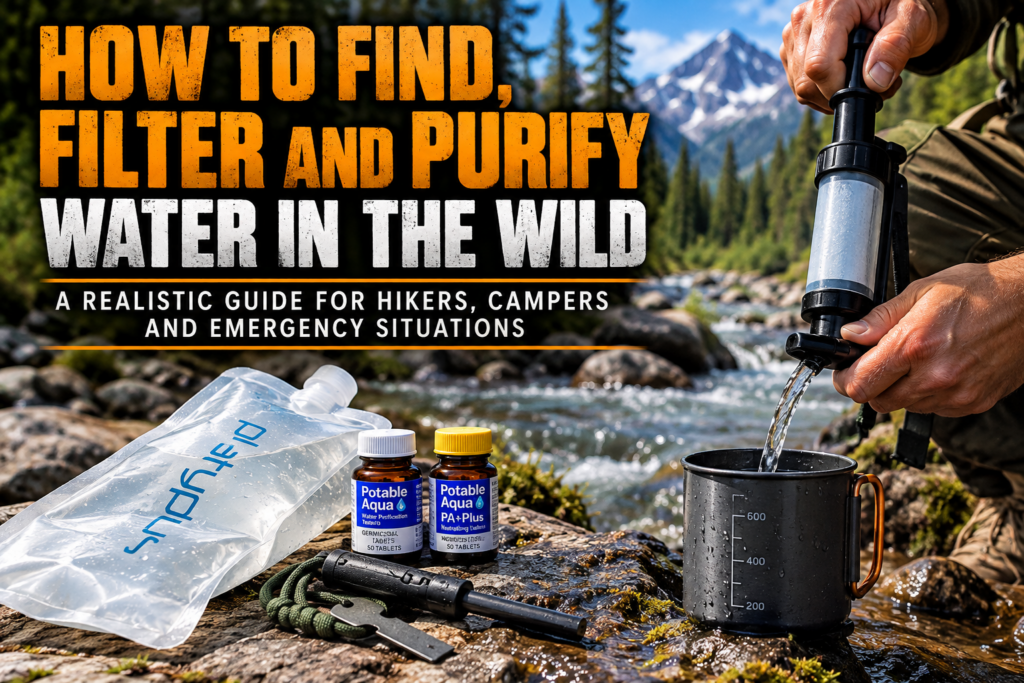 Wilderness water filtration and purification beside a mountain stream