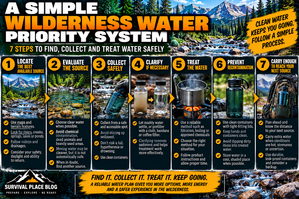 Wilderness water infographic showing seven steps: locate the best available source, evaluate the source, collect safely, clarify if necessary, treat the water, prevent recontamination, and carry enough water to reach the next source.