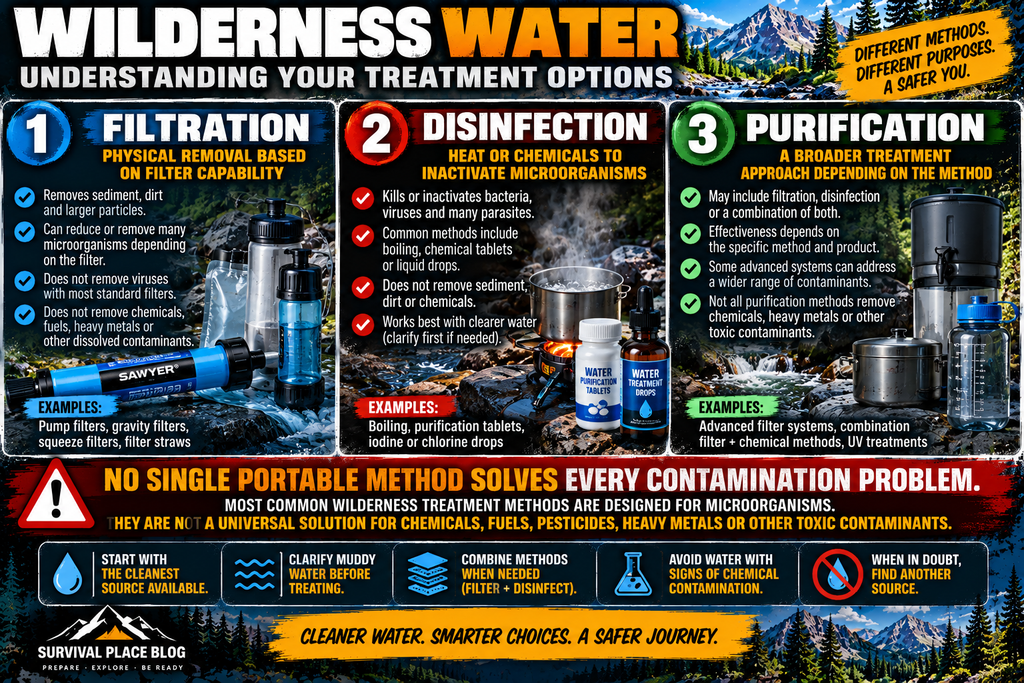 Wilderness water treatment infographic comparing filtration, disinfection, and purification, with examples of each method and a warning that no single portable method solves every contamination problem.