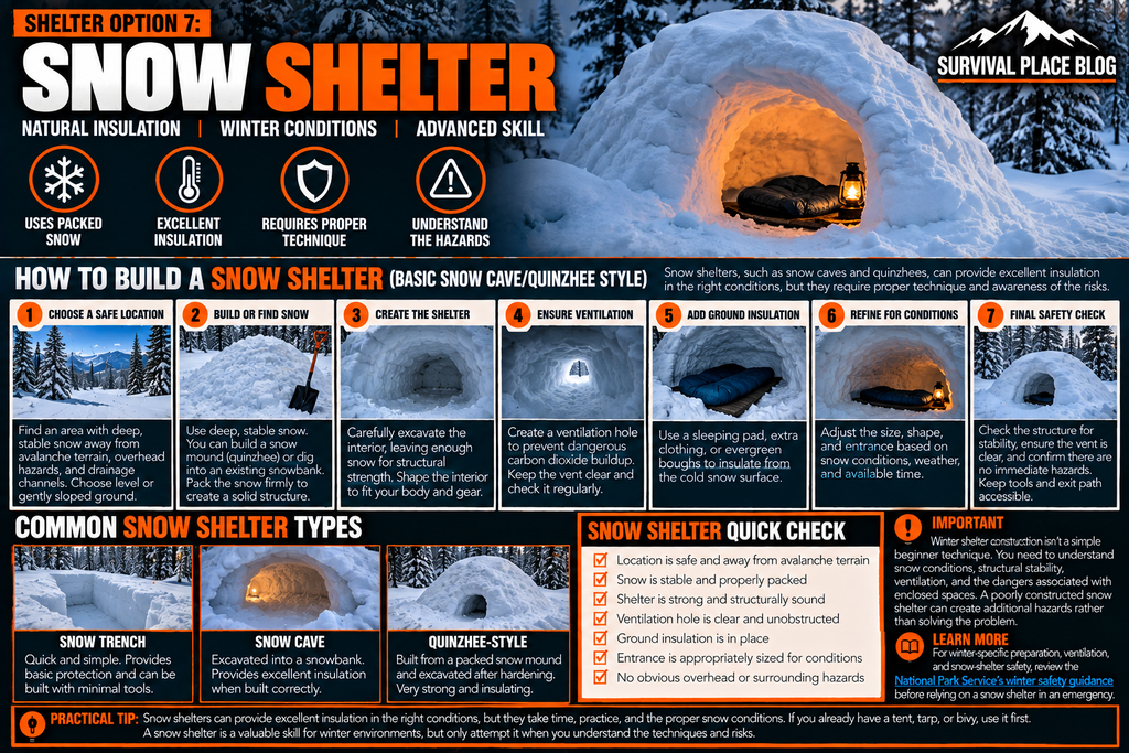 Snow shelter construction showing site selection, snow cave and quinzhee techniques, ventilation, ground insulation, and safety checks