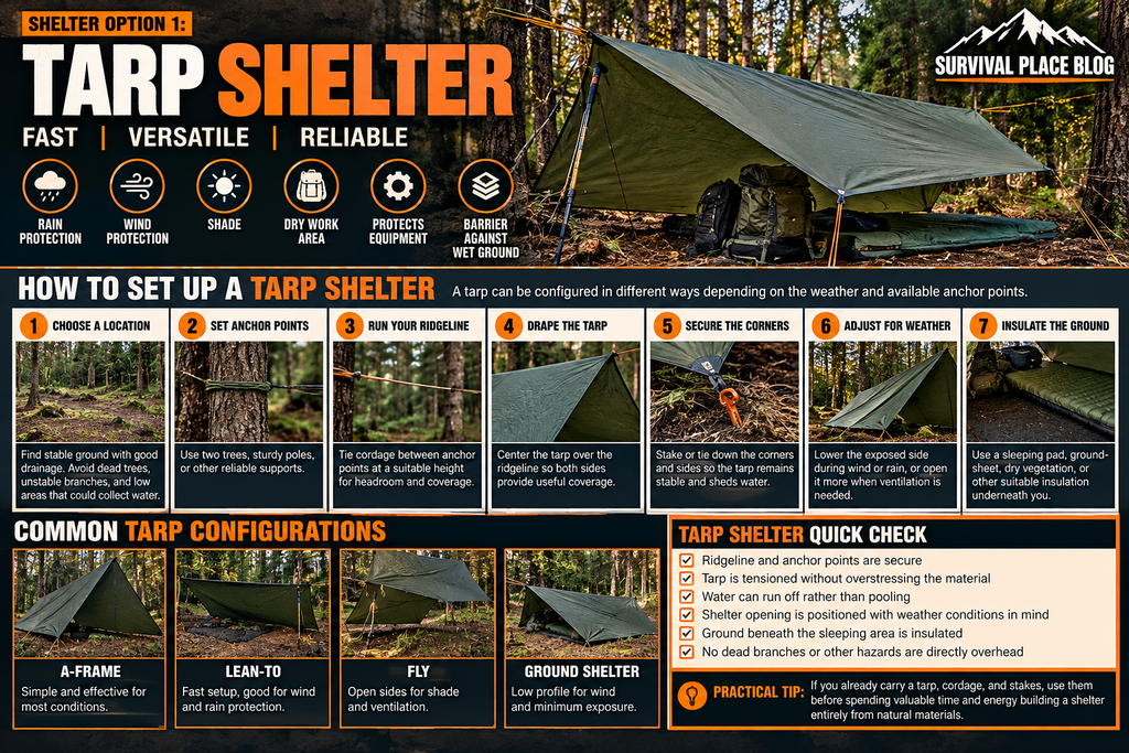 Tarp shelter setup showing anchor points, ridgeline, tarp covering, weather adjustment, and ground insulation