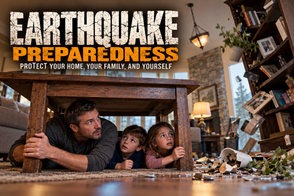 Earthquake preparedness showing a family taking cover under a sturdy table during an earthquake