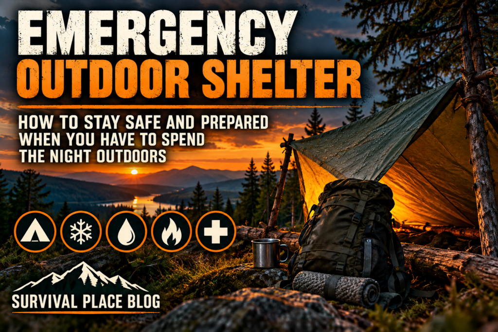 Emergency outdoor shelter with tarp, backpack, and survival gear in a wilderness setting