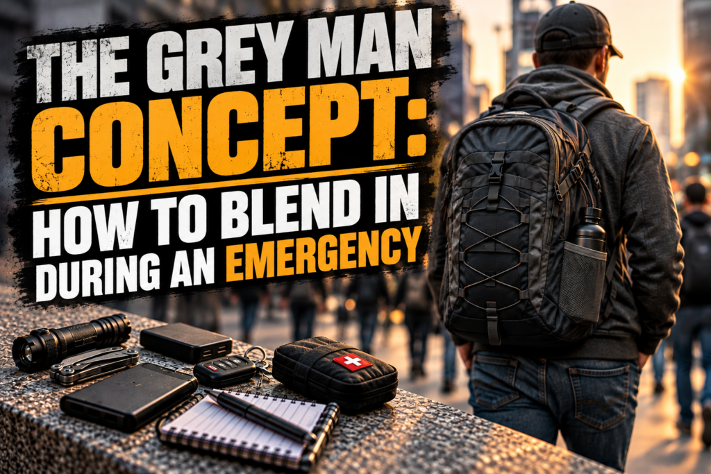 Grey Man concept showing an ordinary-looking person blending into a city crowd while carrying discreet emergency preparedness gear