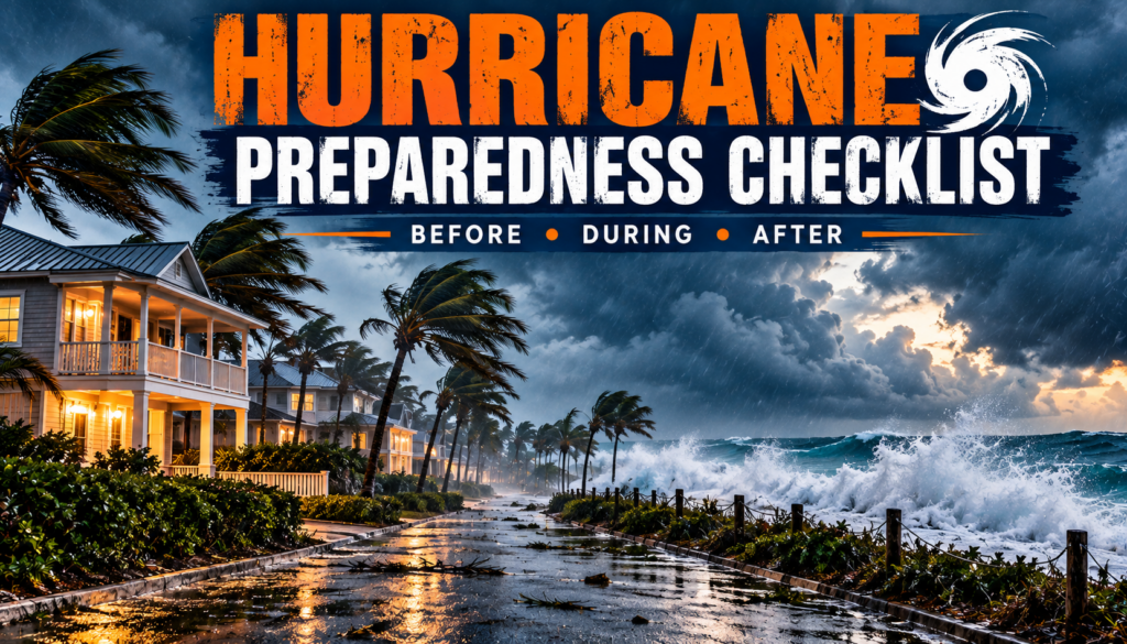 Hurricane preparedness showing a coastal neighborhood facing strong winds, heavy rain and dangerous ocean waves