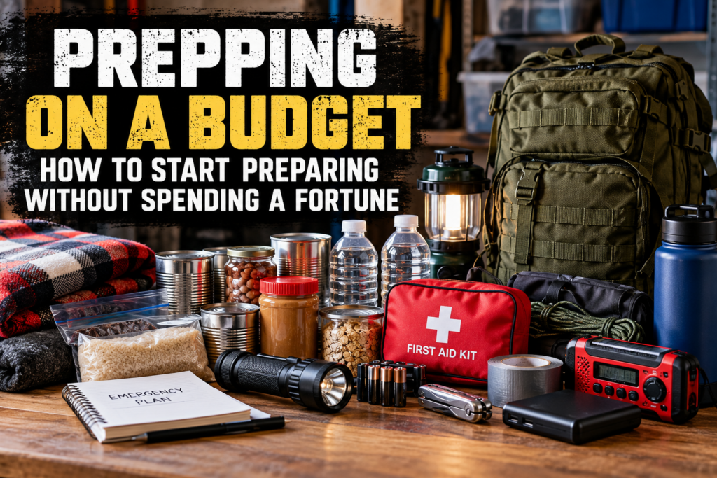 Prepping on a budget with emergency food, water, first aid supplies, flashlight, radio, backpack and household preparedness gear