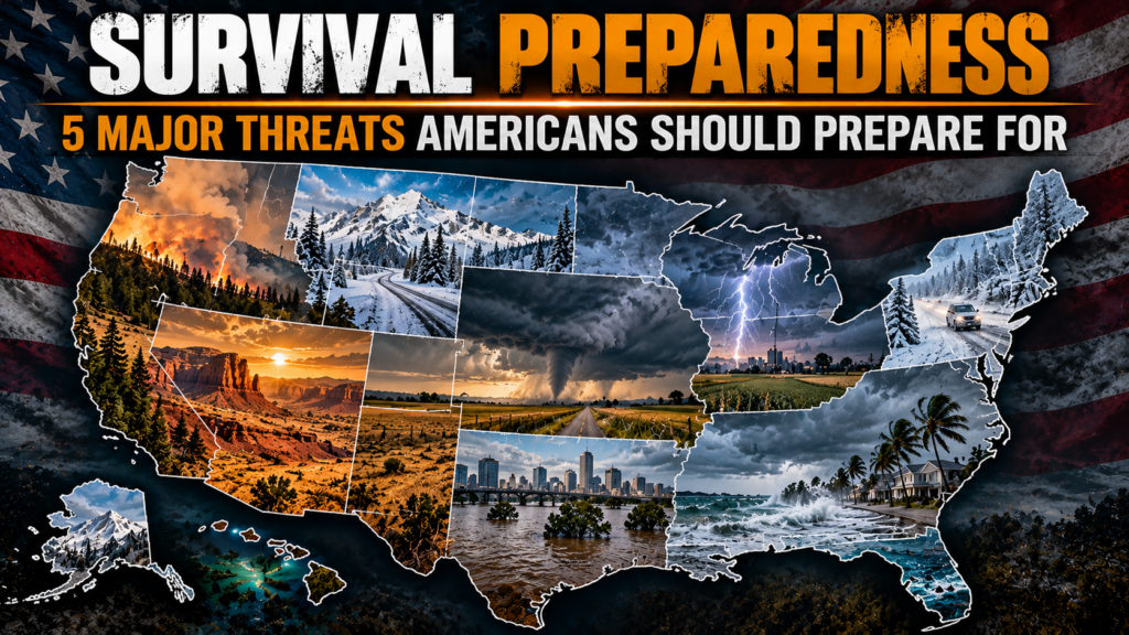 Survival preparedness map of the United States showing regional threats including wildfires, winter storms, tornadoes, flooding, hurricanes and extreme weather