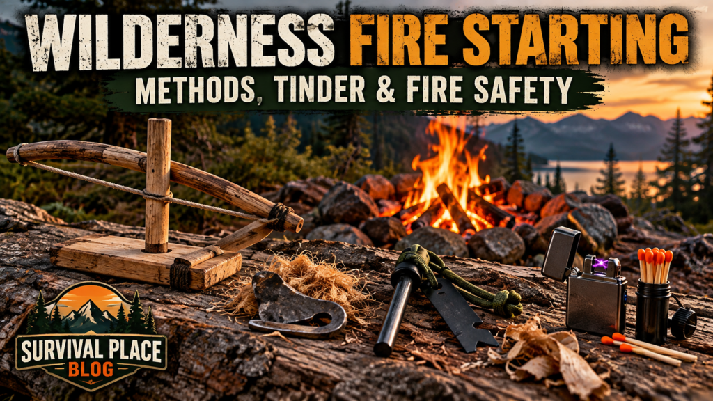 Wilderness fire starting methods including bow drill, tinder, ferro rod, matches and a modern lighter