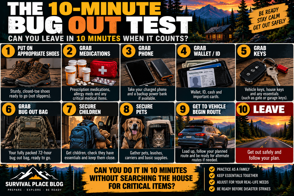 Survival Place Blog infographic showing a 10-minute bug out test with ten steps: put on appropriate shoes, grab medications, phone, wallet and ID, keys, bug out bag, secure children and pets, get to the vehicle and begin the planned route, and leave safely.
