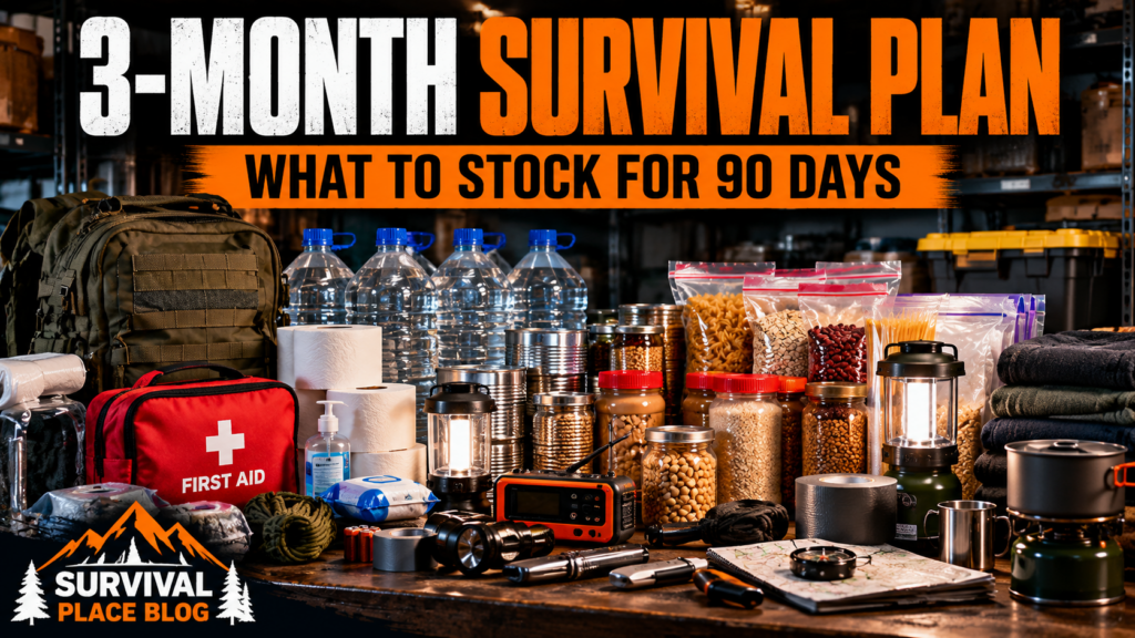 3 month survival plan with water, food, first aid, lighting, tools, and emergency supplies for 90 days