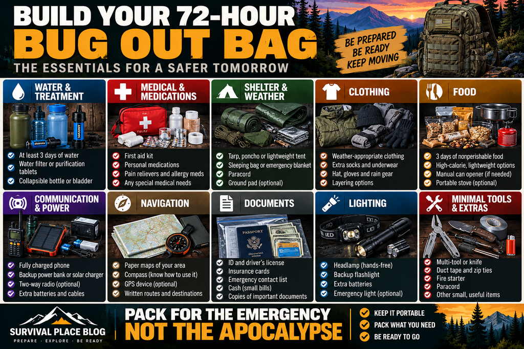 Survival Place Blog infographic showing the essential categories for building a 72-hour bug out bag, including water and treatment, medical and medications, shelter and weather, clothing, food, communication and power, navigation, documents, lighting, and minimal tools.
