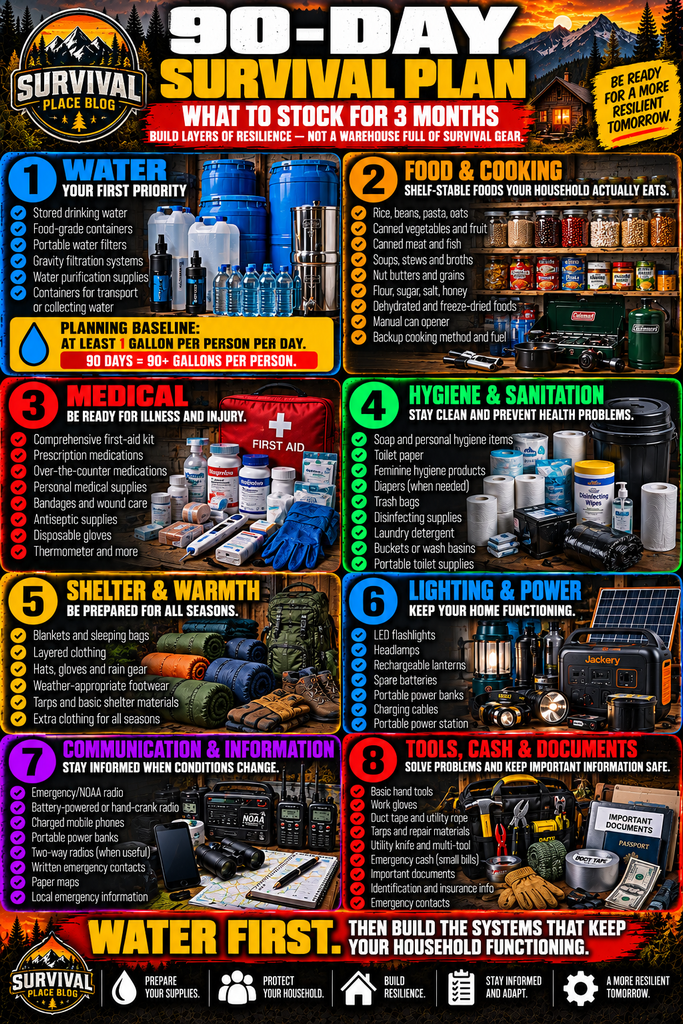 90-day survival plan infographic showing eight preparedness categories: emergency water storage and filtration, food and backup cooking, medical supplies, hygiene and sanitation, shelter and warmth, LED lighting and backup power, emergency communications, and tools, cash and important documents.