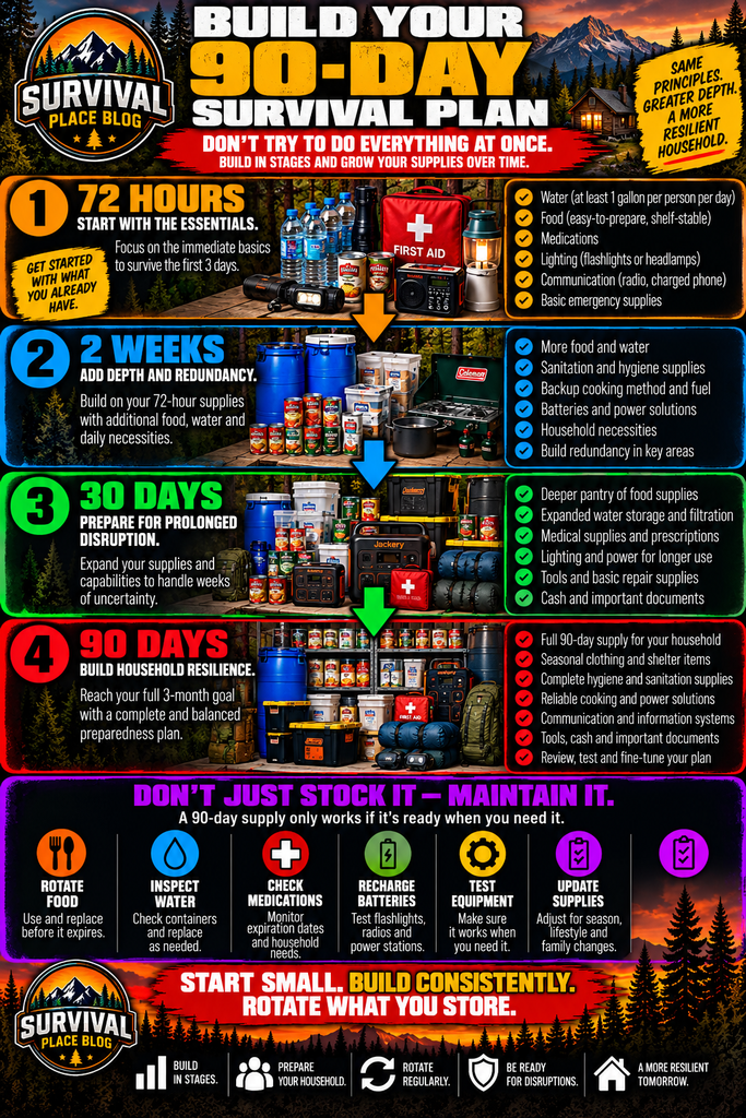 90-day survival plan infographic showing eight preparedness categories: emergency water storage and filtration, food and backup cooking, medical supplies, hygiene and sanitation, shelter and warmth, LED lighting and backup power, emergency communications, and tools, cash and important documents.